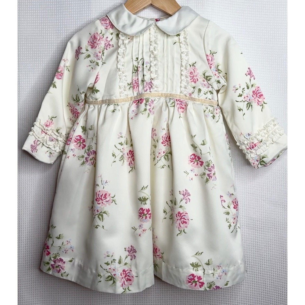 Laura Ashley Girls Floral Dress Cream Pink Rose Peter Pan Collar Cottagecore 18M